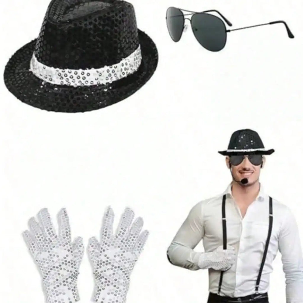 Michael Jackson-Inspired Costume Accessories Set – Sequin Fedora, Rhinestone Gloves & Aviator Sunglasses