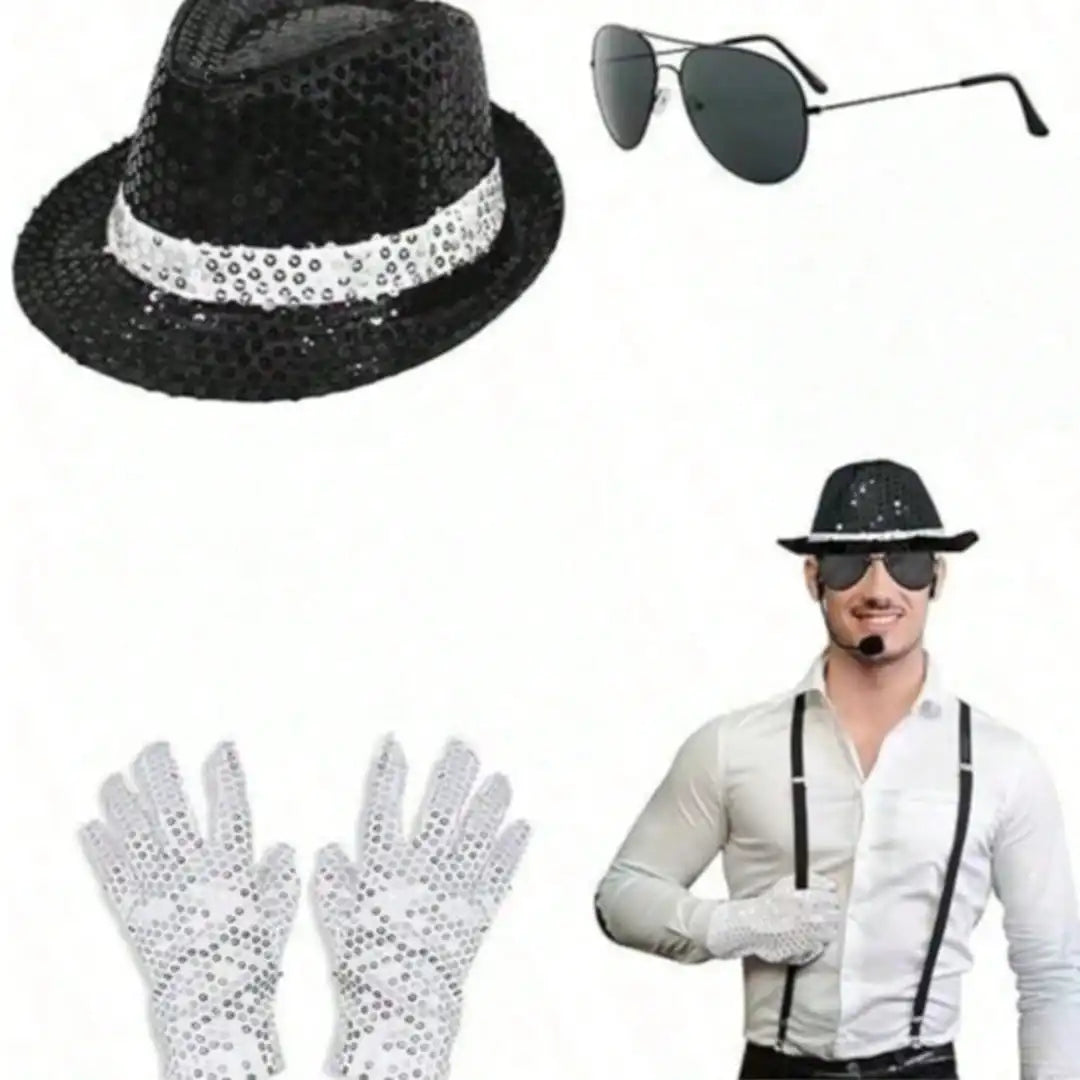 Michael Jackson-Inspired Costume Accessories Set – Sequin Fedora, Rhinestone Gloves & Aviator Sunglasses