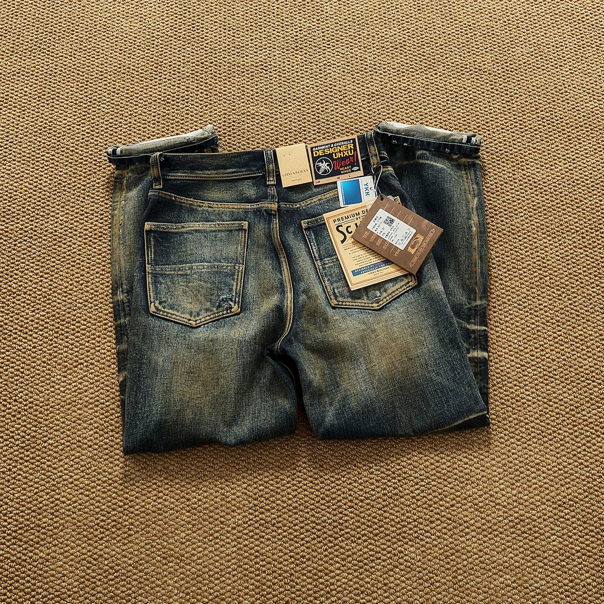 Men’s Heavyweight 14.5oz Distressed Denim Jeans – Patchwork Oil-Stain Wash Streetwear