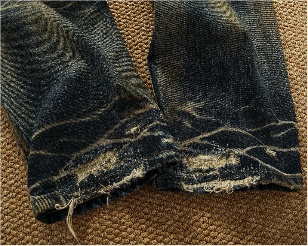 Men’s Heavyweight 14.5oz Distressed Denim Jeans – Patchwork Oil-Stain Wash Streetwear
