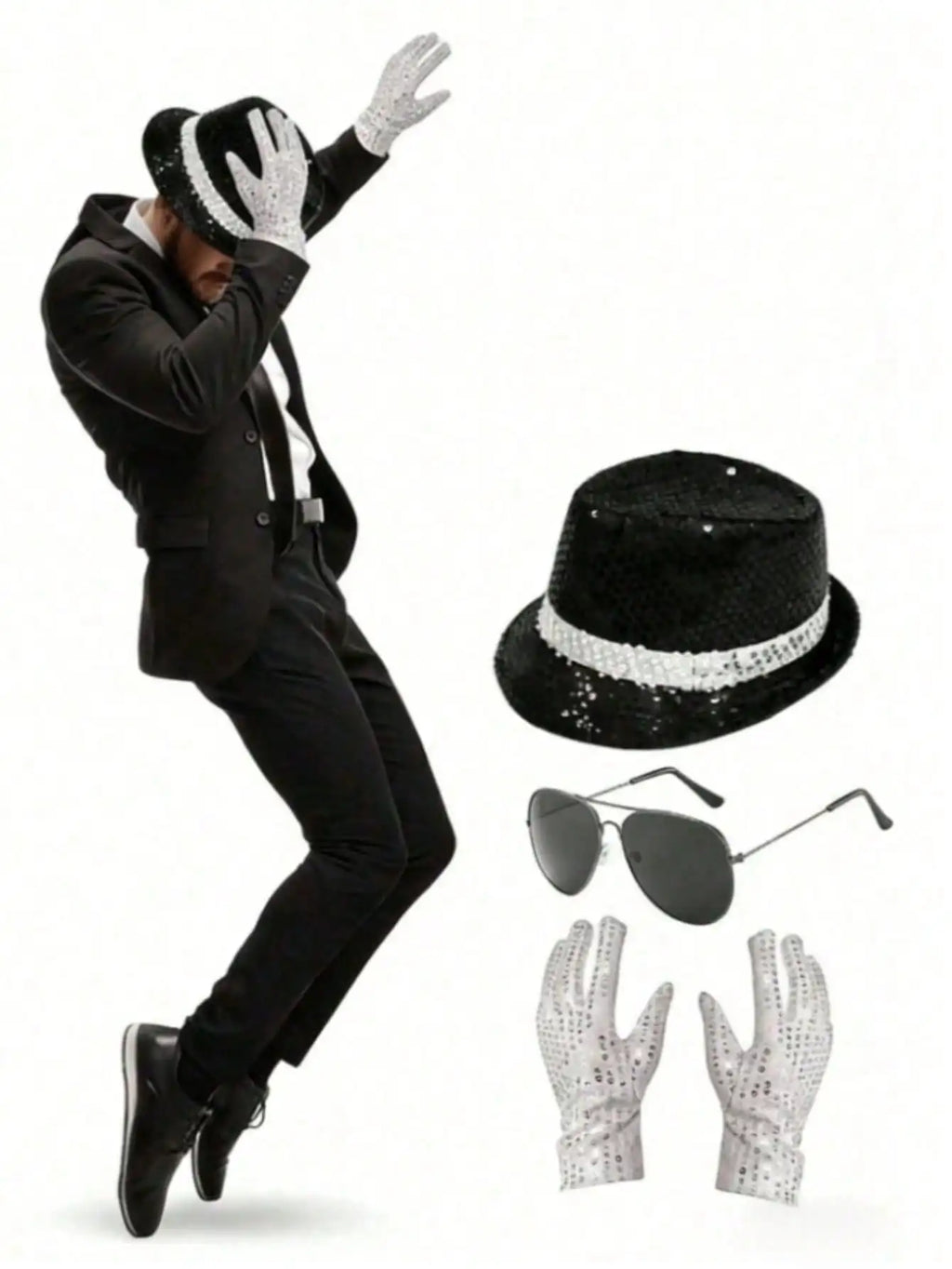 Michael Jackson-Inspired Costume Accessories Set – Sequin Fedora, Rhinestone Gloves & Aviator Sunglasses