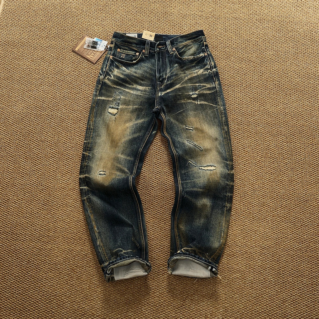 Men’s Heavyweight 14.5oz Distressed Denim Jeans – Patchwork Oil-Stain Wash Streetwear