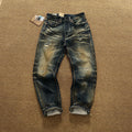 Men’s Heavyweight 14.5oz Distressed Denim Jeans – Patchwork Oil-Stain Wash Streetwear