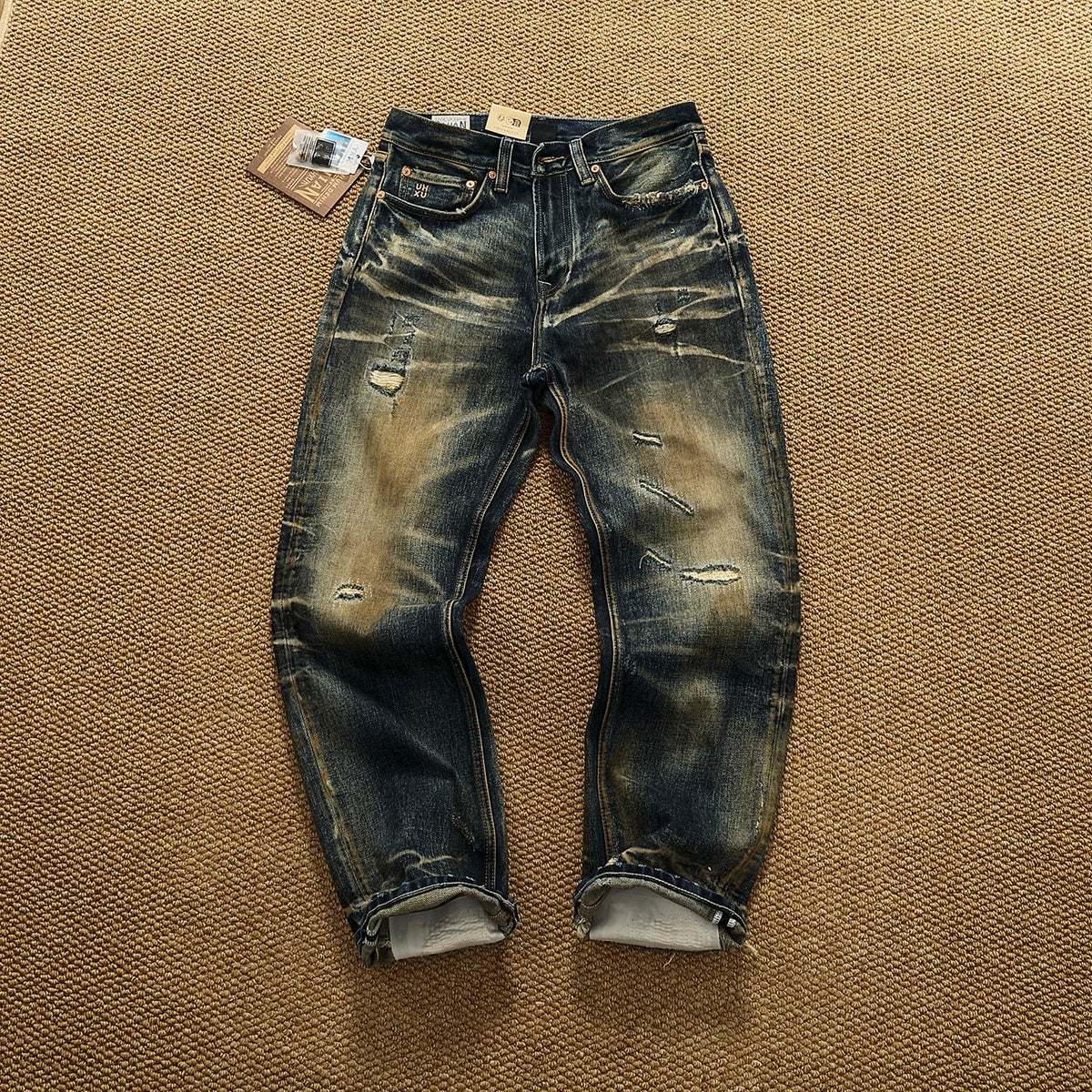 Men’s Heavyweight 14.5oz Distressed Denim Jeans – Patchwork Oil-Stain Wash Streetwear