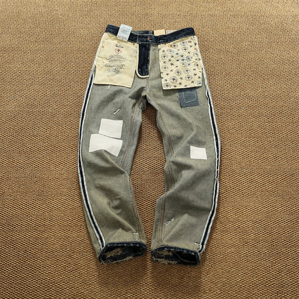 Men’s Heavyweight 14.5oz Distressed Denim Jeans – Patchwork Oil-Stain Wash Streetwear