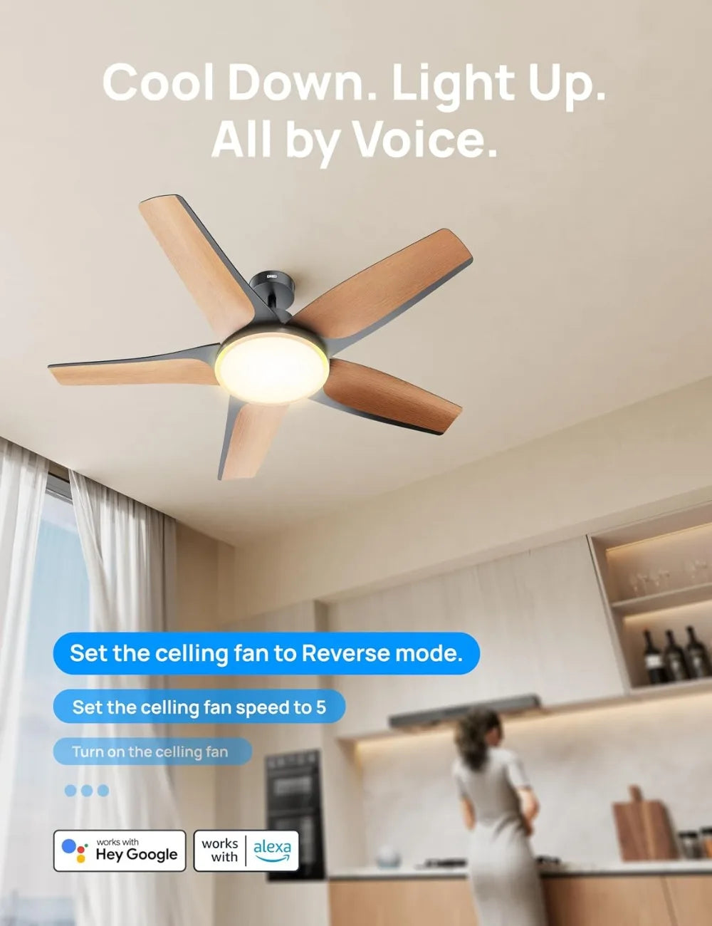Smart Ceiling Fan with Lights, 52" Dimmable RGB Ambient Light, Alexa/App Control, Quiet, Easy Install for Living Room, Game Room