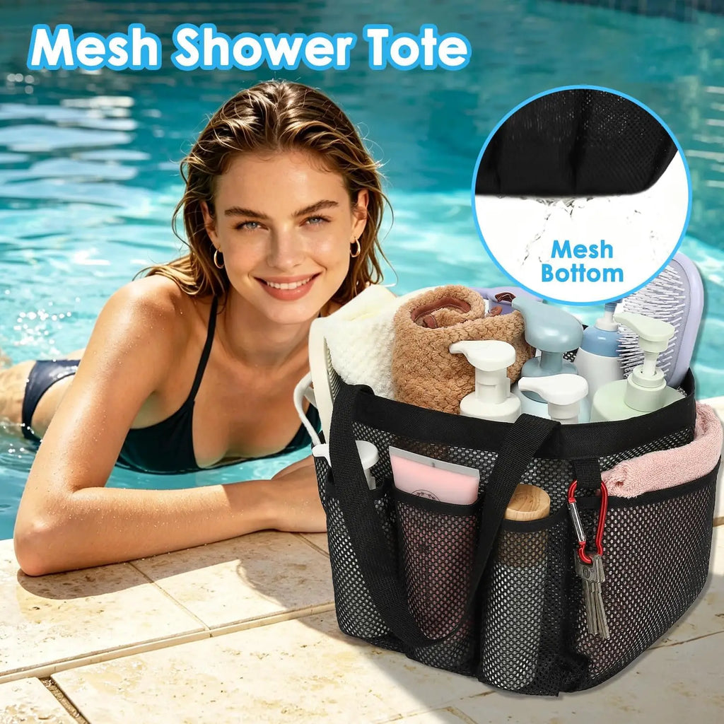 Mesh Shower Caddy Portable for College Dorm Room Essentials, Odorless Polyester Large Shower Tote Bag with Dual Handles, 8-Pocke