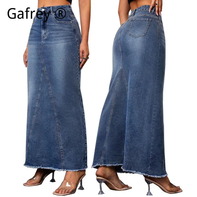 Women Denim Midi Skirt High Waist Fishtail Bodycon Fringe Hem Slim Fit Casual Vintage Streetwear Fashion Jean Skirt For Ladies