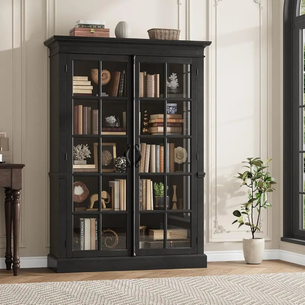65 Tall Display Cabinet with Adjustable Shelves, 5-Tier Bookcase, Tempered Glass Door, Storage Cabinet for Home and Office, Blac