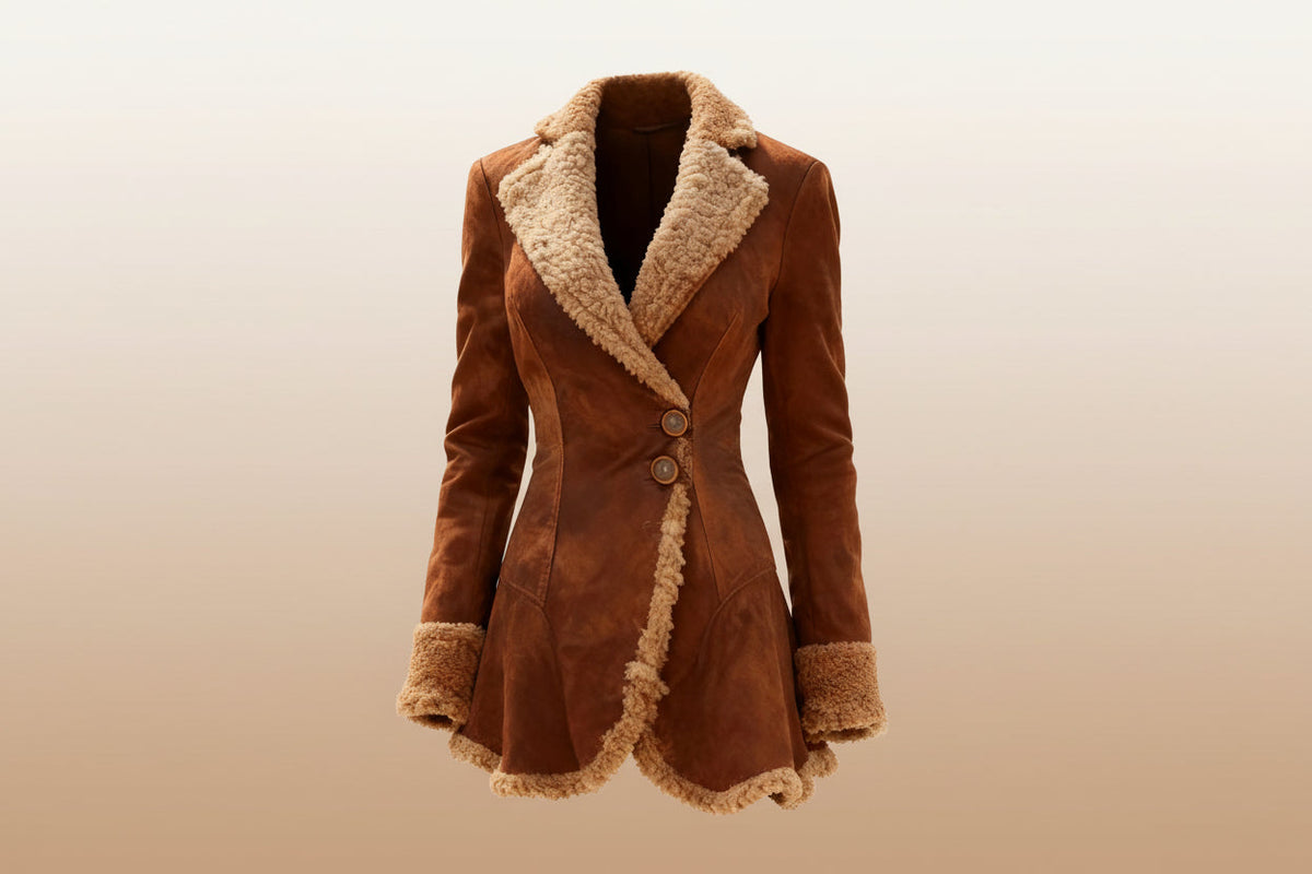 Close-up of brown shearling-lined women's coat with plush collar and cuffs, showcasing high-quality warm outerwear material