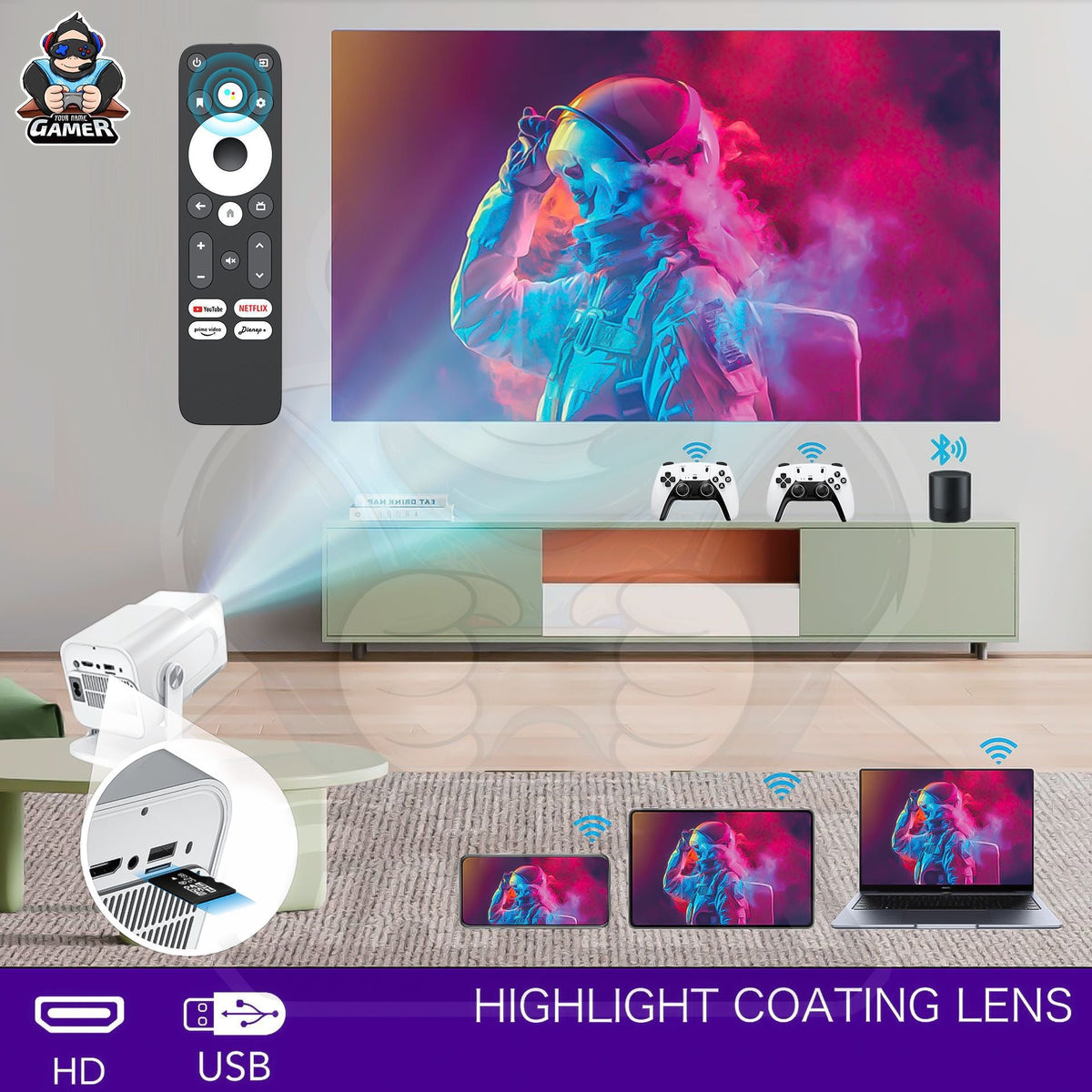 Mini Game Console Android WiFi Gamepad – 4K HD Projector Gaming System