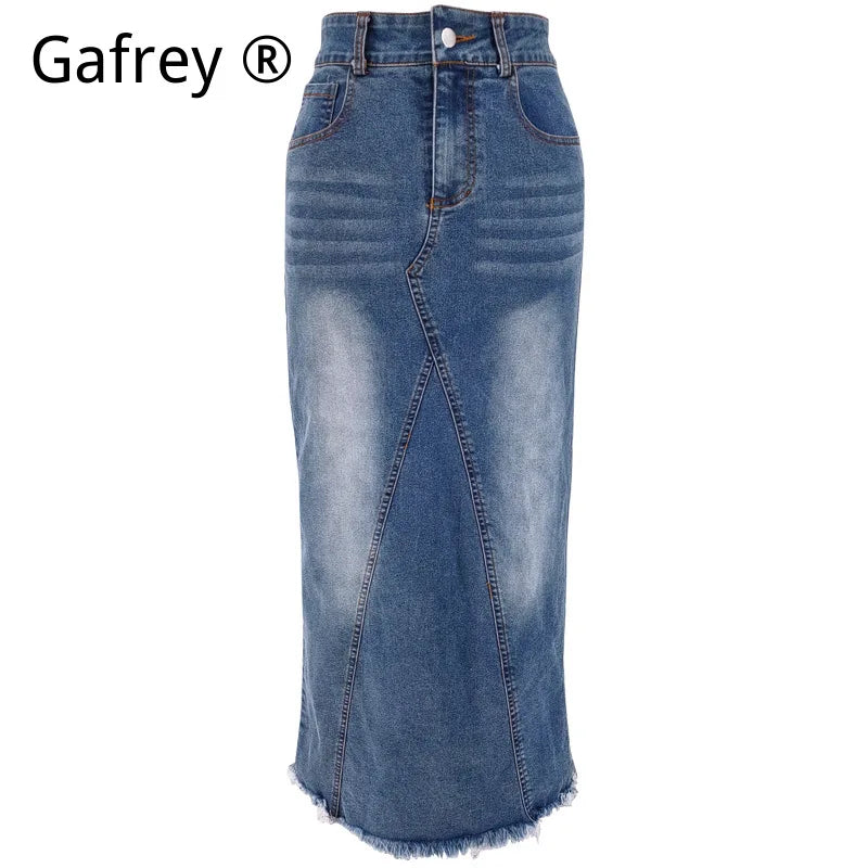 Women Denim Midi Skirt High Waist Fishtail Bodycon Fringe Hem Slim Fit Casual Vintage Streetwear Fashion Jean Skirt For Ladies