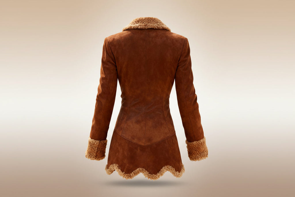 Back view of brown shearling-lined women's winter coat with suede finish, fitted silhouette, and plush collar for warmth