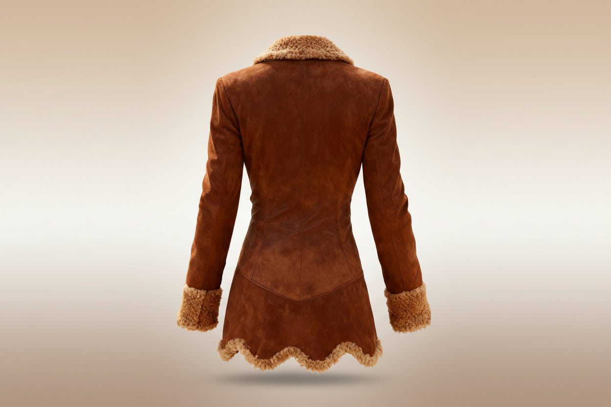 Back view of brown shearling-lined women's winter coat with suede finish, fitted silhouette, and plush collar for warmth