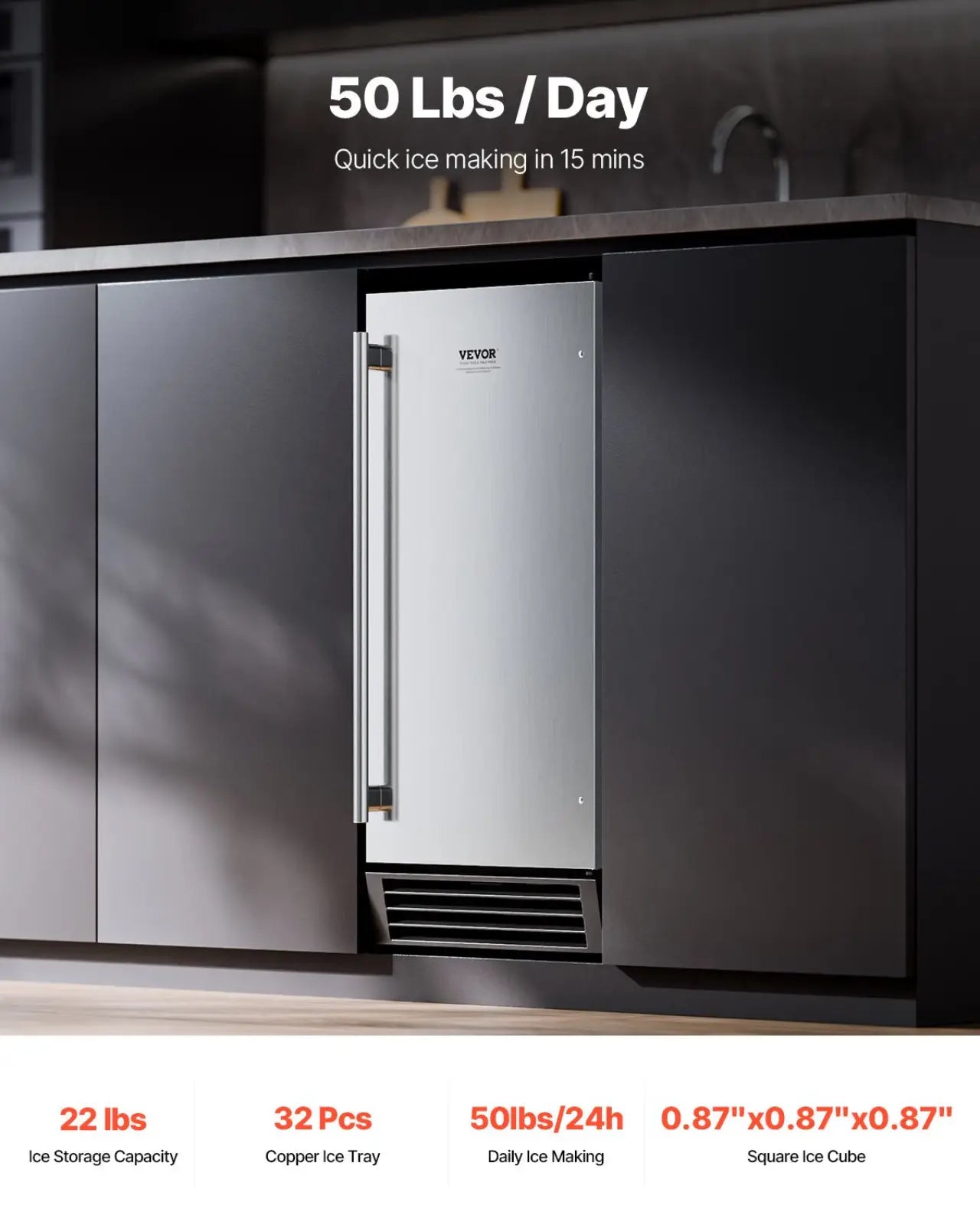 Built-In Ice Maker 50 lbs with Drain Pump & Reversible Door