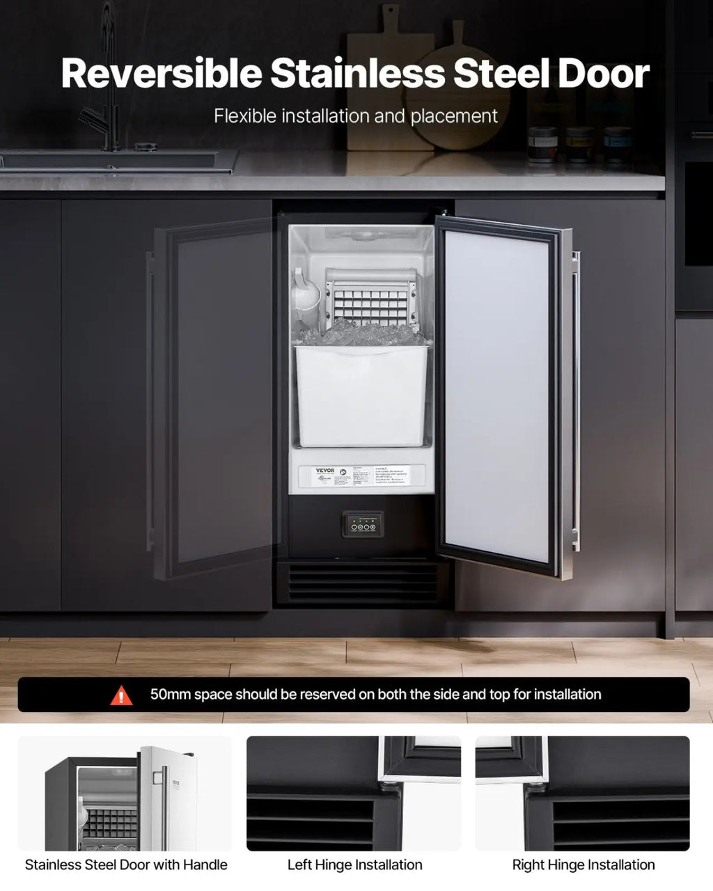 Built-In Ice Maker 50 lbs with Drain Pump & Reversible Door