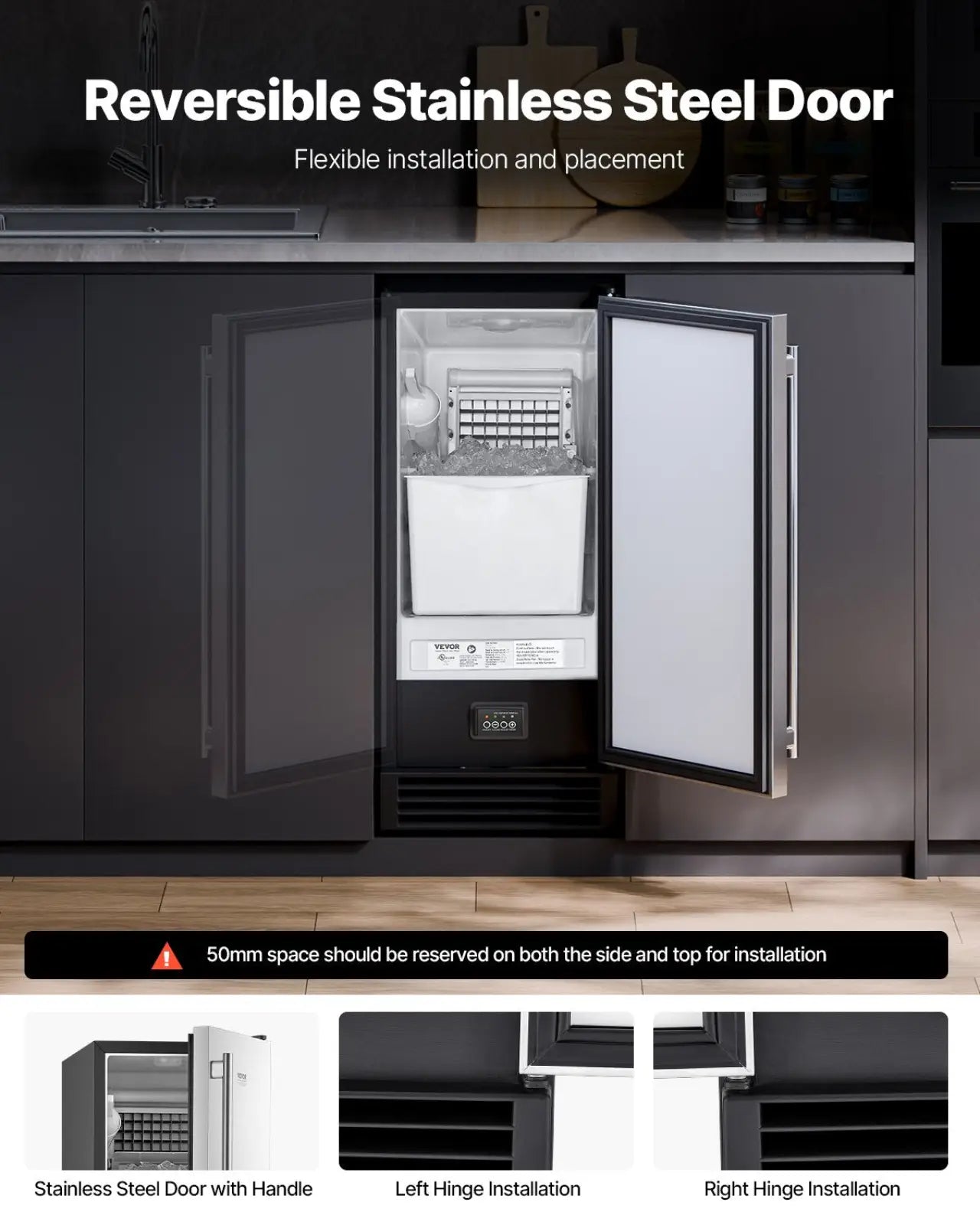 Built-In Ice Maker 50 lbs with Drain Pump & Reversible Door