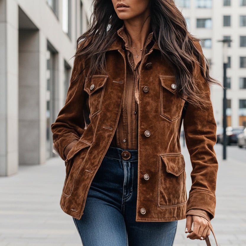 Women’s Retro Suede Multi-Pocket Short Jacket