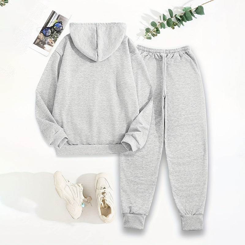 Women’s Solid 2-Piece Set – Letter Print Hoodie & Matching Pants