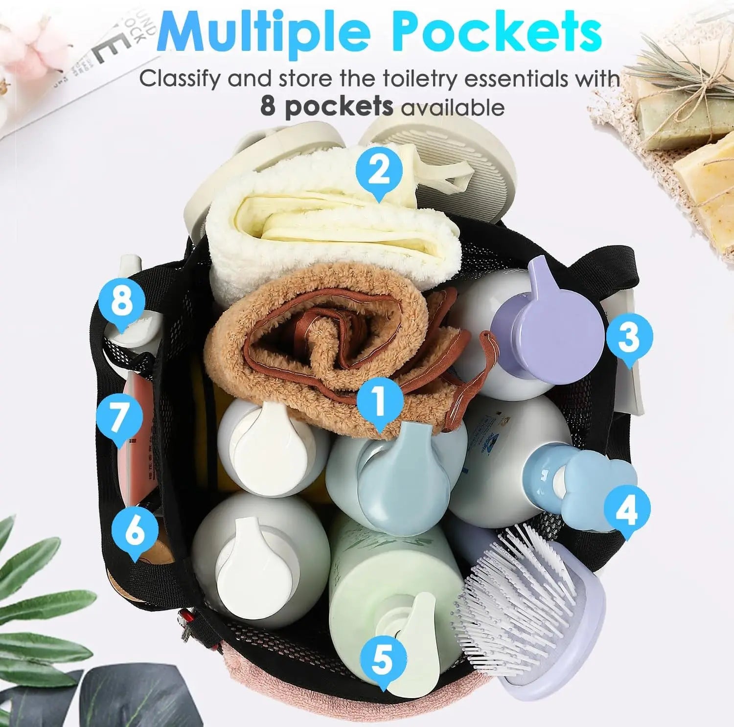 Mesh Shower Caddy Portable for College Dorm Room Essentials, Odorless Polyester Large Shower Tote Bag with Dual Handles, 8-Pocke