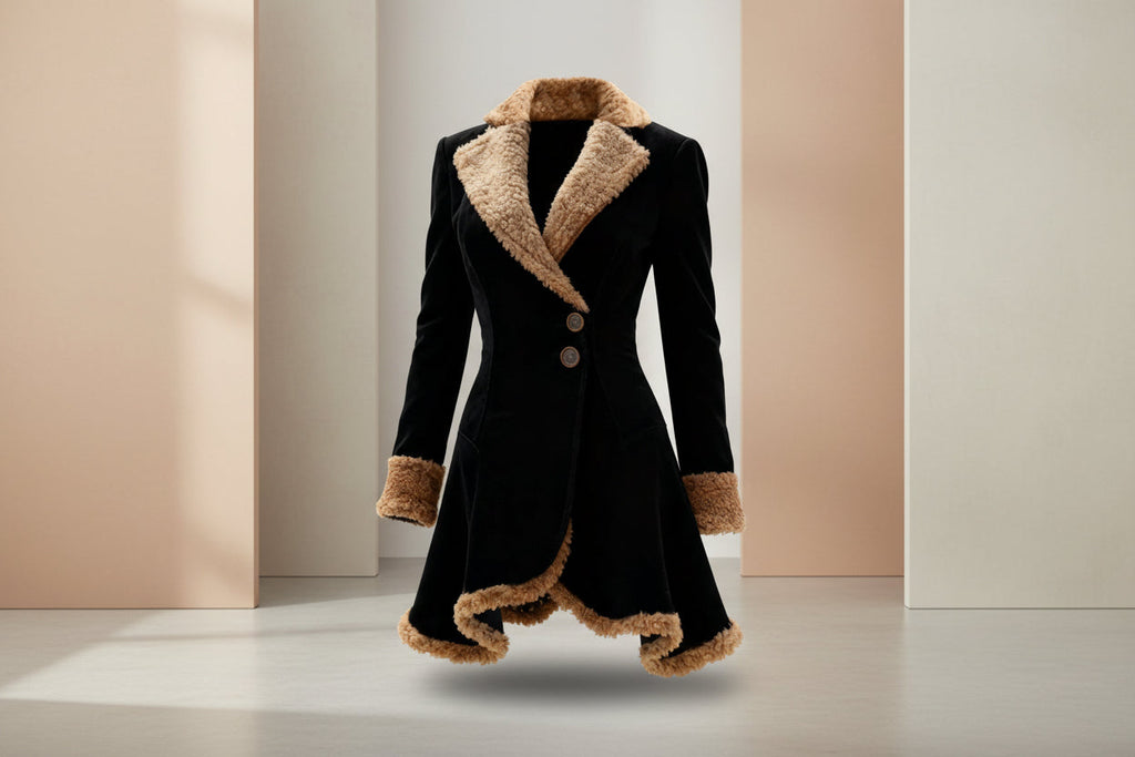Black women's winter coat with tan shearling trim, structured design, and button closure, ideal for cold weather fashion
