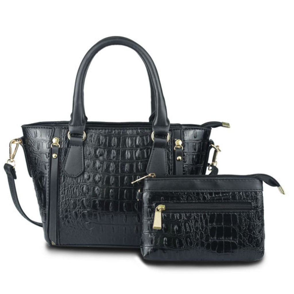 Fashion Tote Bag and Pouch Set in Black Croc – Stylish Accessory Set