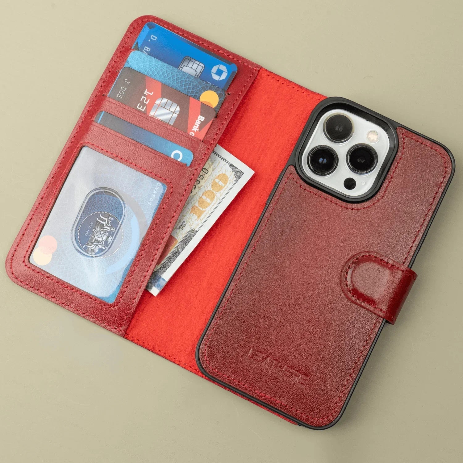 iPhone 16 Series Red Leather Wallet Case – New York Edition