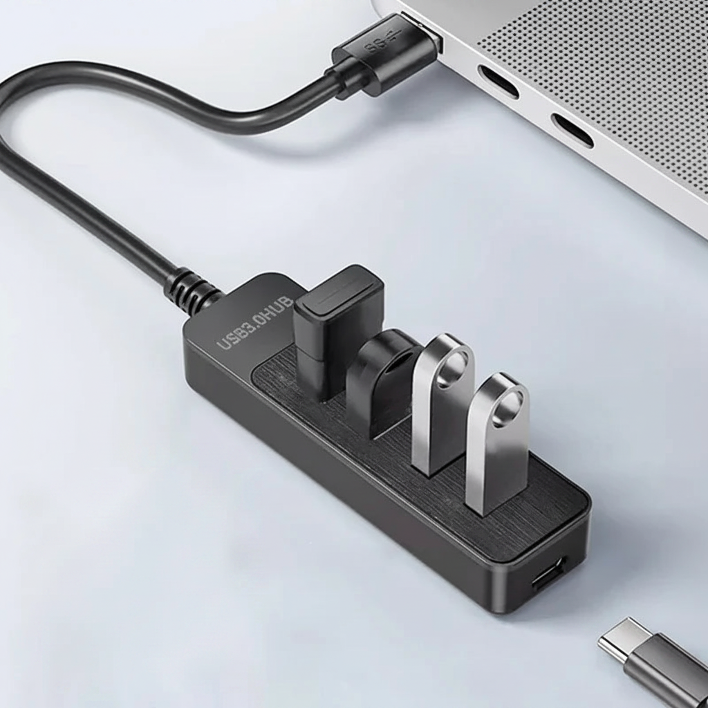 High-Speed 4-Port USB 3.0 Hub with USB-C Cable